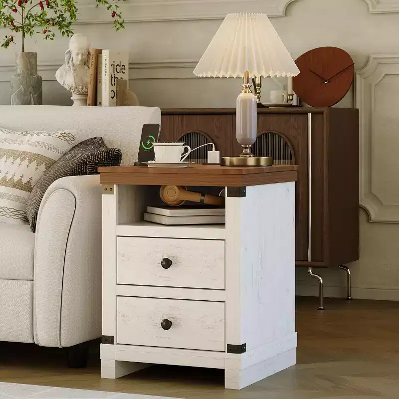 Farmhouse Nightstand, Modern Rustic Large Bedside Table with 2 Drawers & Open Shelf, for Bedroom Small Space, White