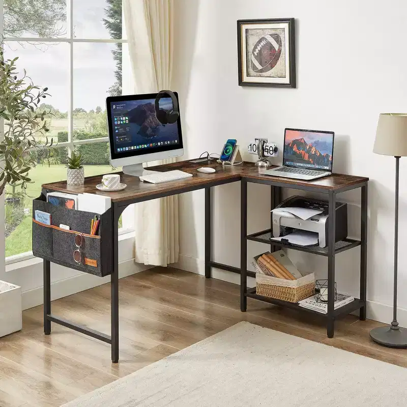 L Shaped Computer Desk Industrial Corner Gaming Desk With 2-Tier Open Shelf And Storage Pocket Brown
