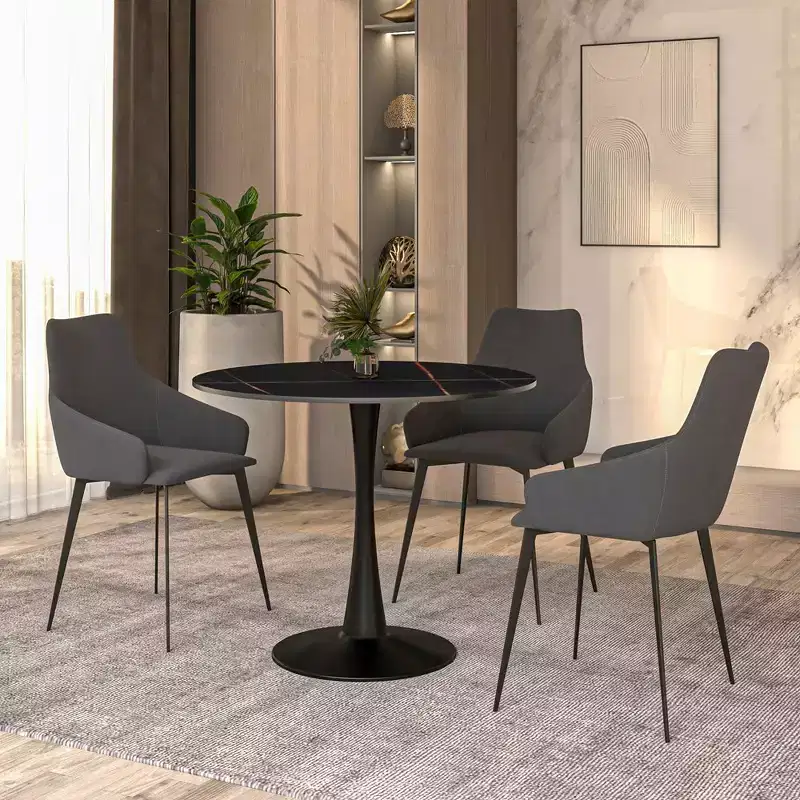 35 Dining Table Sintered Stone Top Accent Caf Table & Sturdy Steel Black Pedestal Base for Kitchen and Small s