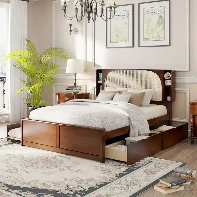 Rattan Queen Platform Bed Frame Boho Cane Storage Bed with 2 Storage Drawers, Trundle and Rattan Headboard