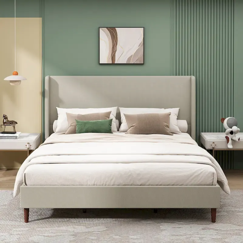 King Size Solid Wood Legs Platform Bed with 12-Slat Support System