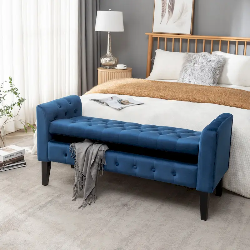 Velvet Storage Bench with Rubberwood Legs