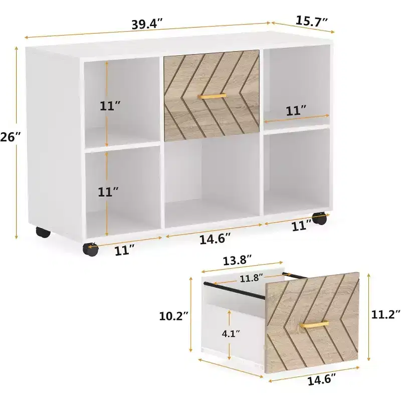 Lantine 2-Drawer File Cabinet, Large Mobile Lateral Filing Cabinet for Letter Size with Printer Stand and Wheels for Home Office, White