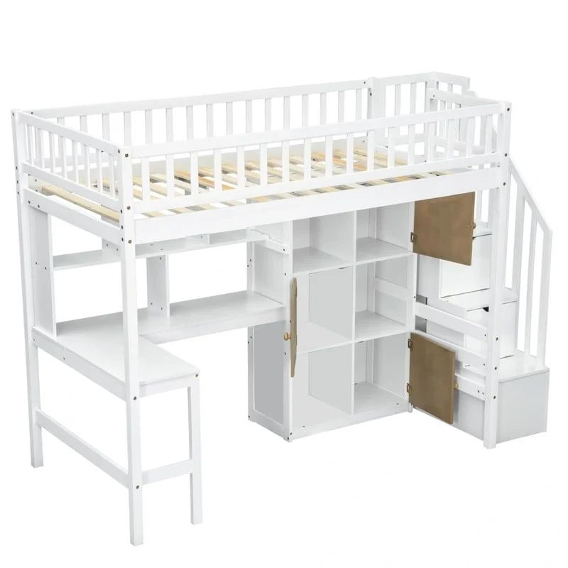 Twin Size Loft Bed with Bulit-in Desk, LED Light and Storage Staircase, Wooden Loft Bedframe with Storage Shelves and Cabinets
