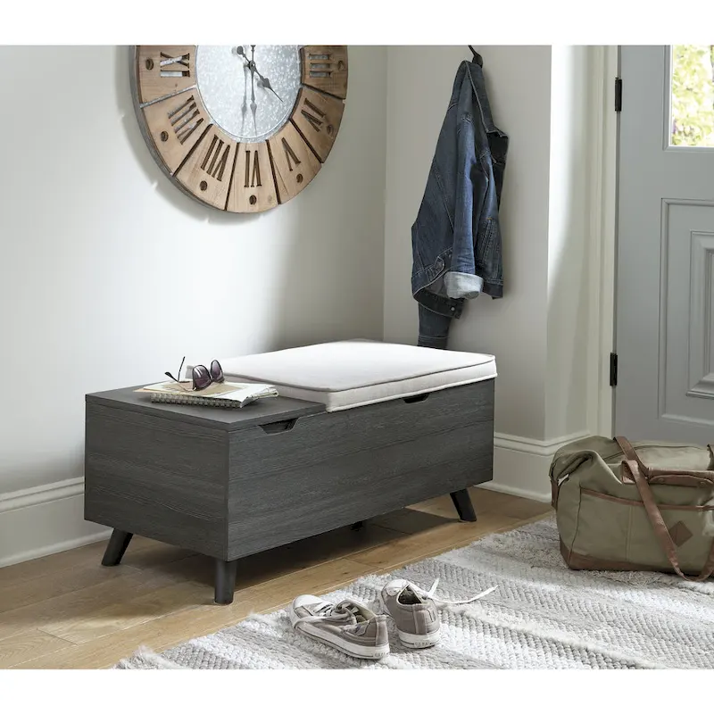 Gray Upholstered Storage Bench – Lift-Top Ottoman Seat for Bedroom or Entryway