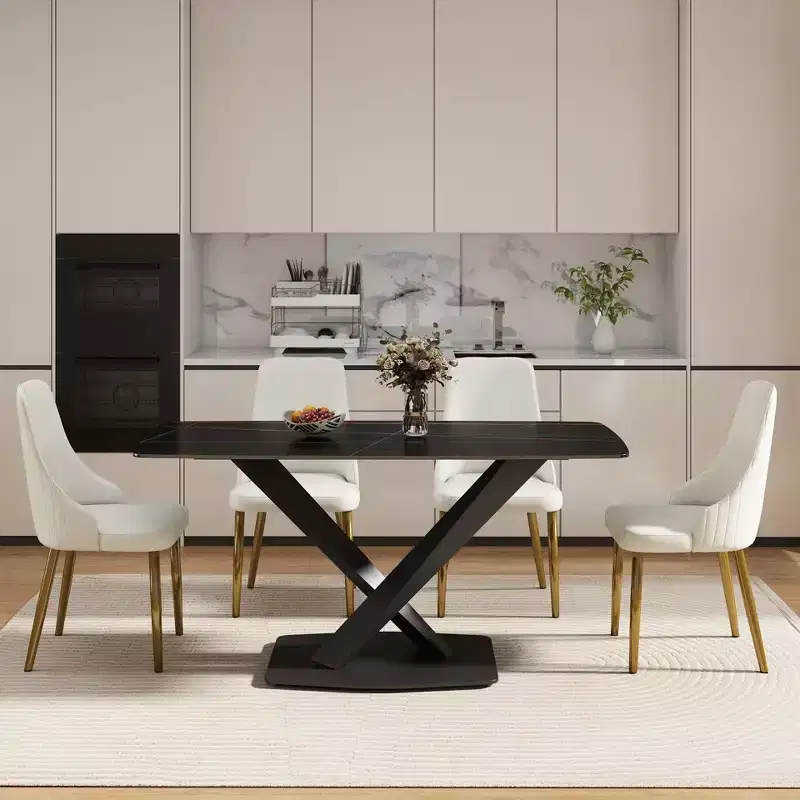 GDFStudio Basia Modern Artificial Stone Curved Rectangle Dining Table