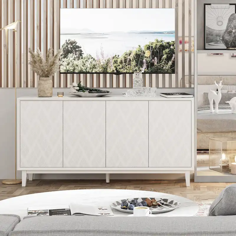 4-Door Sideboard with 3D Wave Motif & Push-Latch – White / Black, Solid Wood Legs, Modern Style
