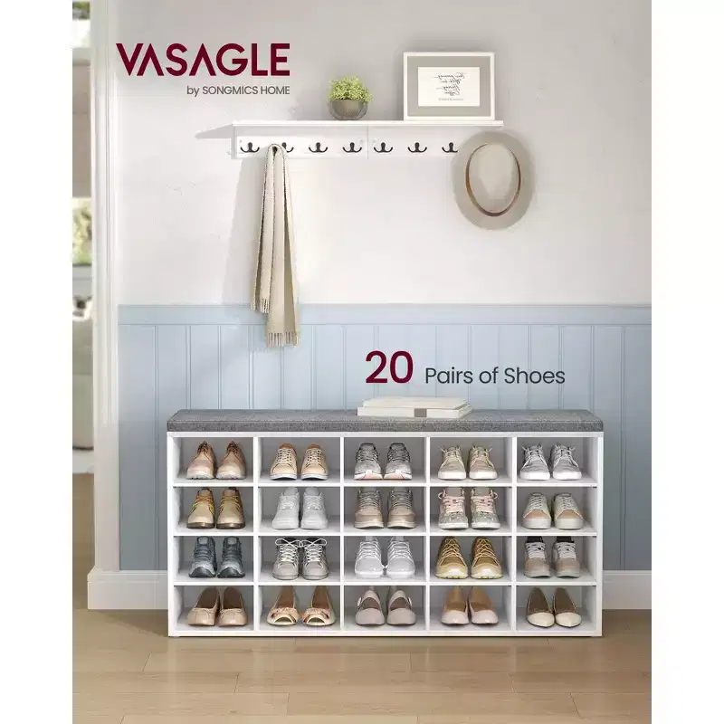 Shoe Storage Bench, Entryway Bench with 20 Compartments & Padded Seat, 300 lb Capacity for Bedroom, Cloud White & Gray