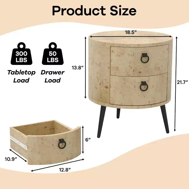 Round Side Table with Drawers Modern Night Stand with Storage Wooden Accent End Table Circle Bedside Table with Metal Legs for Living Room, Bedroom