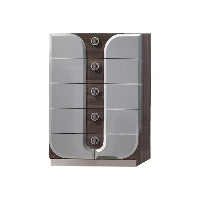 Modern 5-Drawer Chest, Zebra Wood & Silver Frame with Blue Mirror Handles
