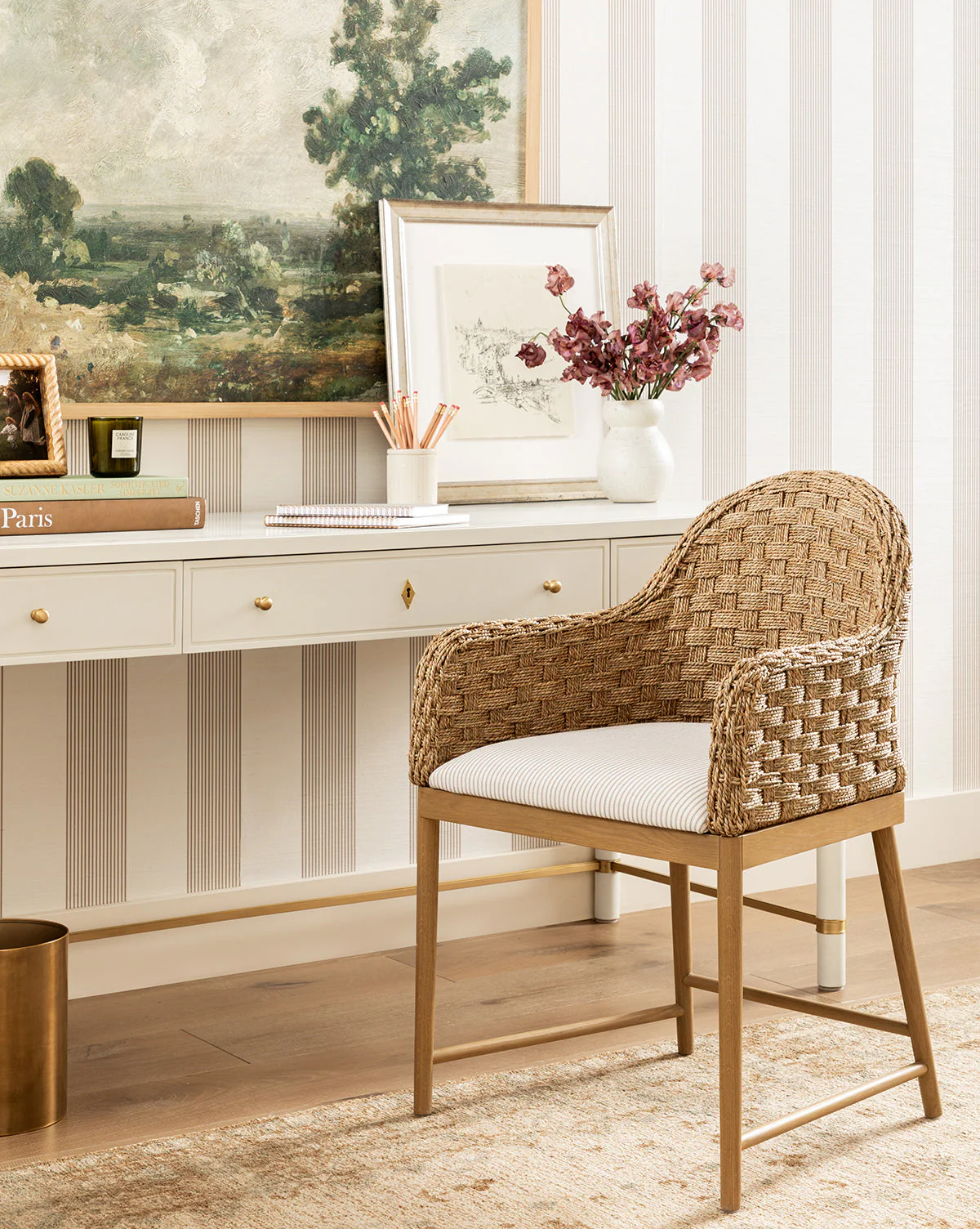 Rustic Solid Oak Arm Chair with Woven Back & Inviting Cushion for Dining Room