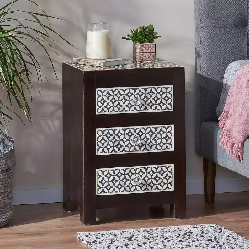 Boho Handmade Mango Wood 3-Drawer Nightstand