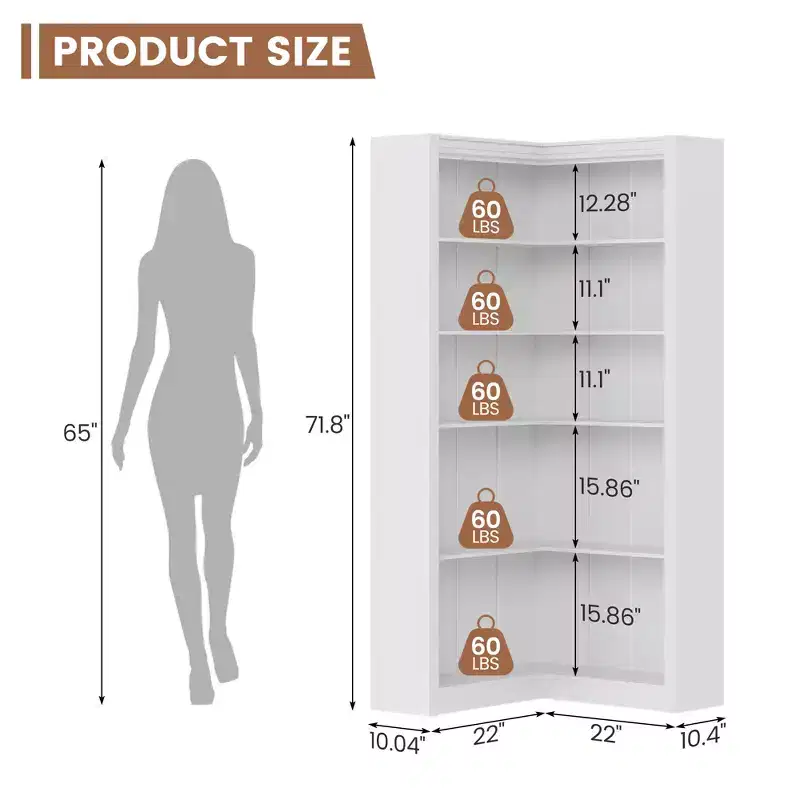 Tall Corner Bookshelf, 5 Tier L-Shaped Bookshelf, Farmhouse Bookcases with Storage for Living Room Home Office,White