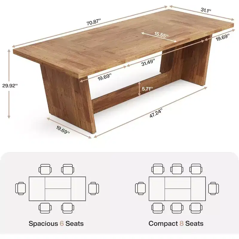 Lantine 70.87-Inch Large Dining Table: Wood Long Rectangular Farmhouse Kitchen Dinner Table for 6-8 with Solid Pedestal, Yellow Brown