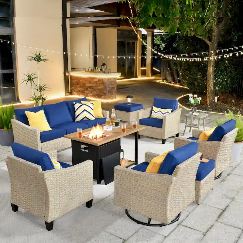 HOOOWOOO 9-piece Wicker Rattan Outdoor Furniture Set Swivel Rocking Chair Set