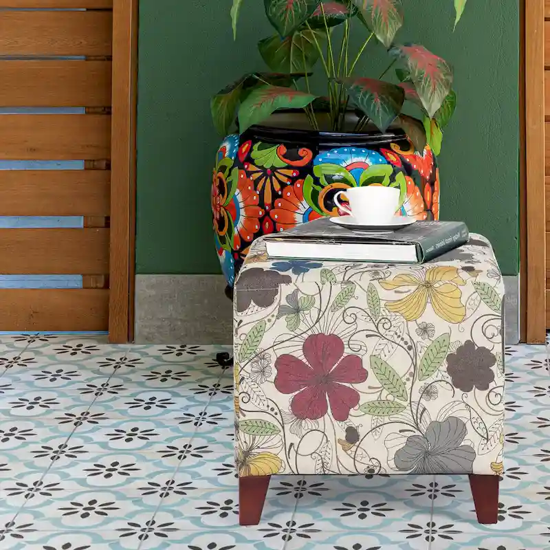 16.3-Inch Cube Ottoman Footrest Stool, Medium Size, Multicolor Upholstered