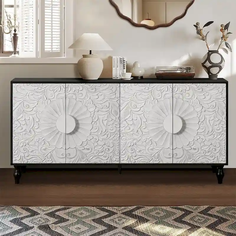 Vintage White Sideboard with Faceted Carved Doors