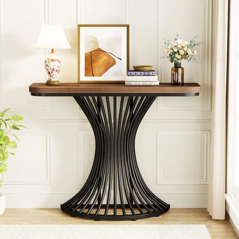 39-Inch Industrial Console Entryway Table Small Sofa Accent Table with Geometric Metal Base - 39.37 (L) x 11.8 (D)