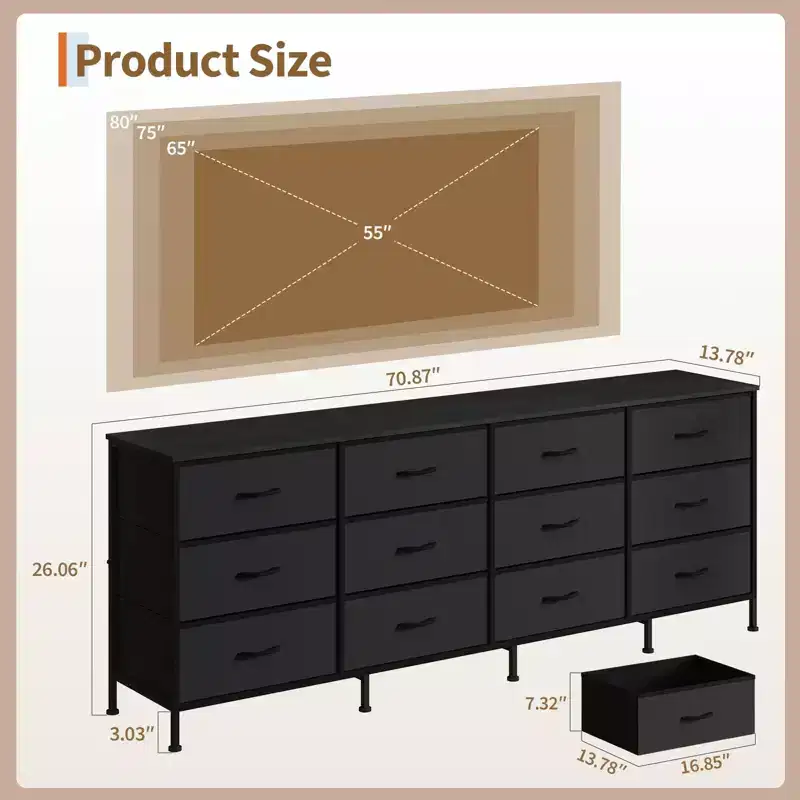 70Dresser with 12 Fabric Drawers & Charging Station | Extra Wide TV Stand for 65-80 Inch TVs, Entertainment Center Storage for Living Room, Bedroom