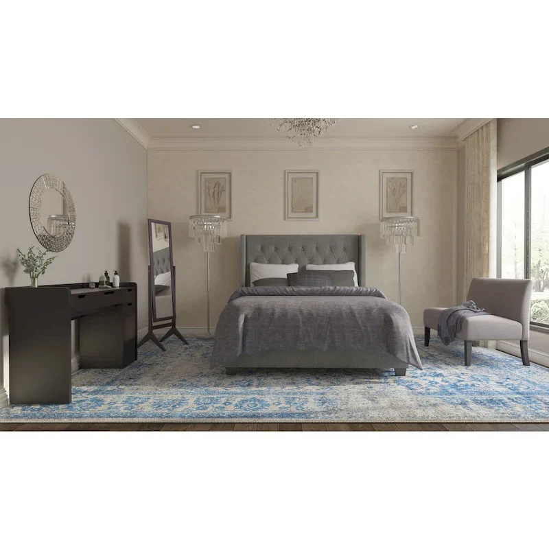 Grey Wingback Upholstered Bed with Button Tufting