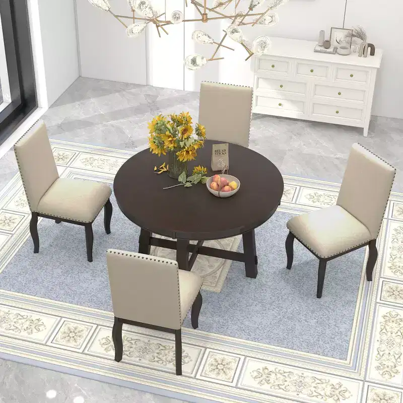 Whisen 5-Piece Farmhouse Dining Table Set with Extendable Dining Table and 4 Upholstered Dining Chairs
