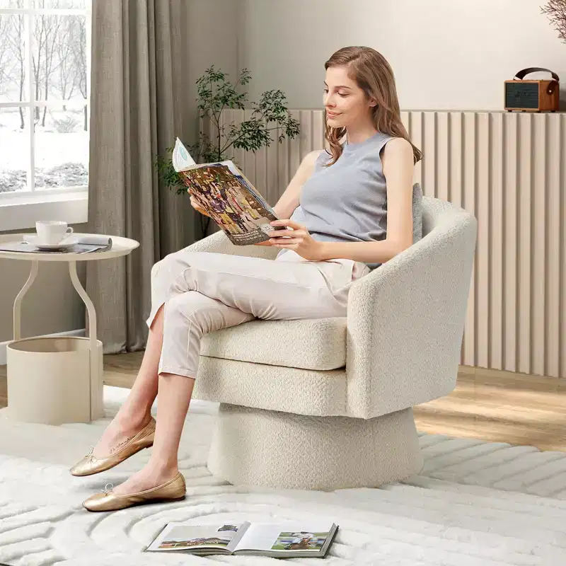 27.56 Modern Swivel Accent Chair with Armrests, 360 Chenille Barrel Chair with Soft Cushion, Round Single Sofa for Living Room, Bedroom, Office