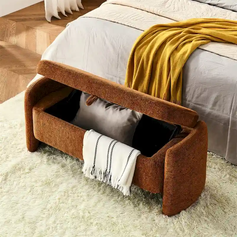 Oval Ottoman Storage Bench Chenille Fabric Bench w/Large Storage Space
