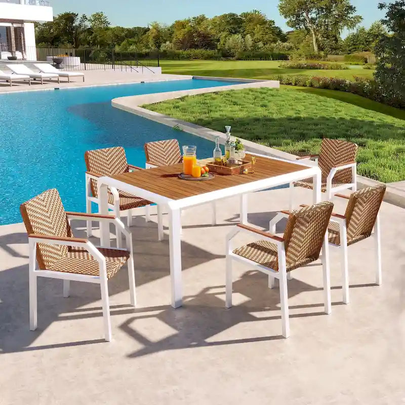 Outdoor Wicker Furniture Set of 6 Chairs 7 Piece Patio Dining Table Set with Wood Tabletop Outdoor Dining Set