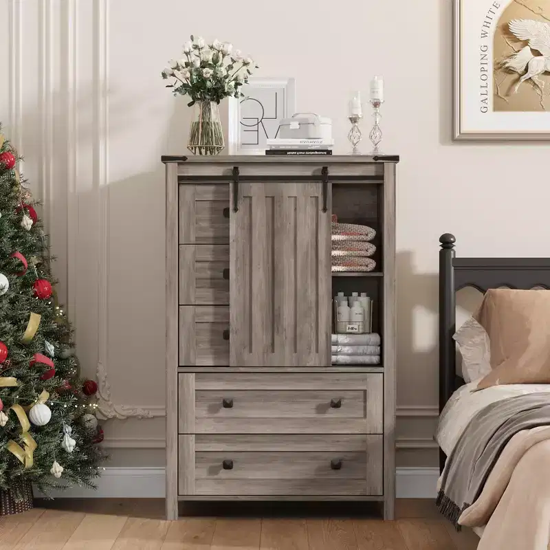 Farmhouse 5 Drawer Dresser for Bedroom, Wood Dresser Chest of Drawer with Sliding Barn Door, Adjustable Shelf, Storage Organizer for Bedroom