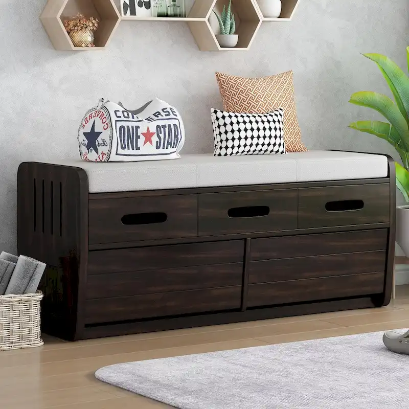 Rustic Storage Shoe Bench with 2 Drawers, Hidden Storage, and 3 False Top Drawers