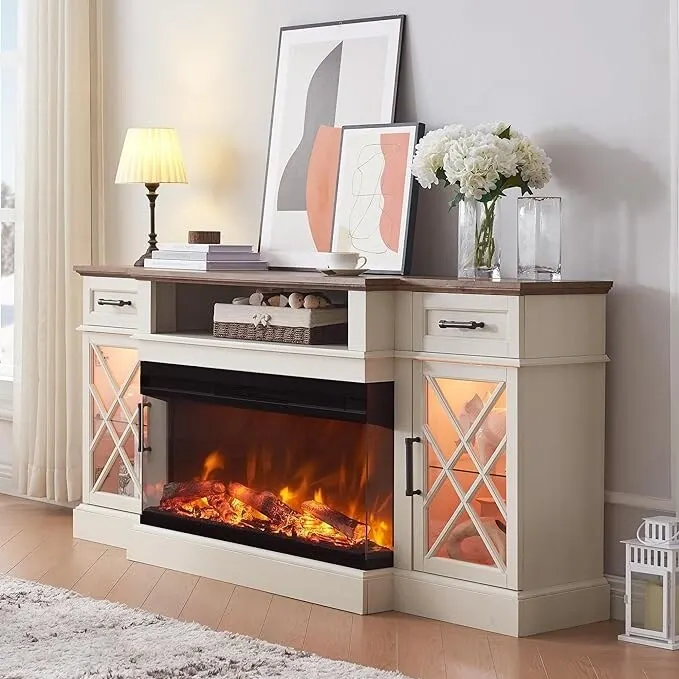 Farmhouse 3-Sided Electric Fireplace TV Stand, Entertainment Center