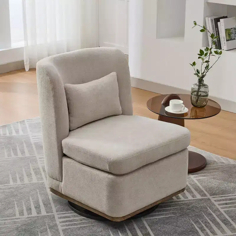 25.2 Modern Chenille Swivel Chair,Chair with Pillow,Pocket Spring Cushion,Metal Base,Armless Accent Chair for Living Room,Office,Lounge