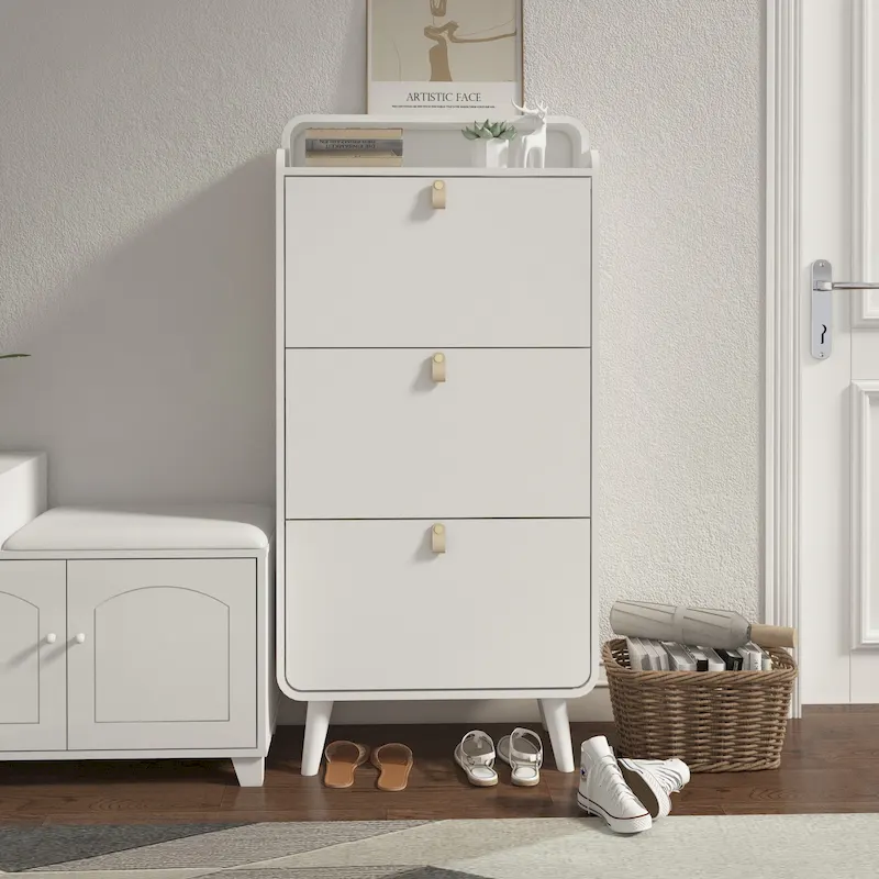 White 3-Drawer Shoe Cabinet, Holds 18 Pairs