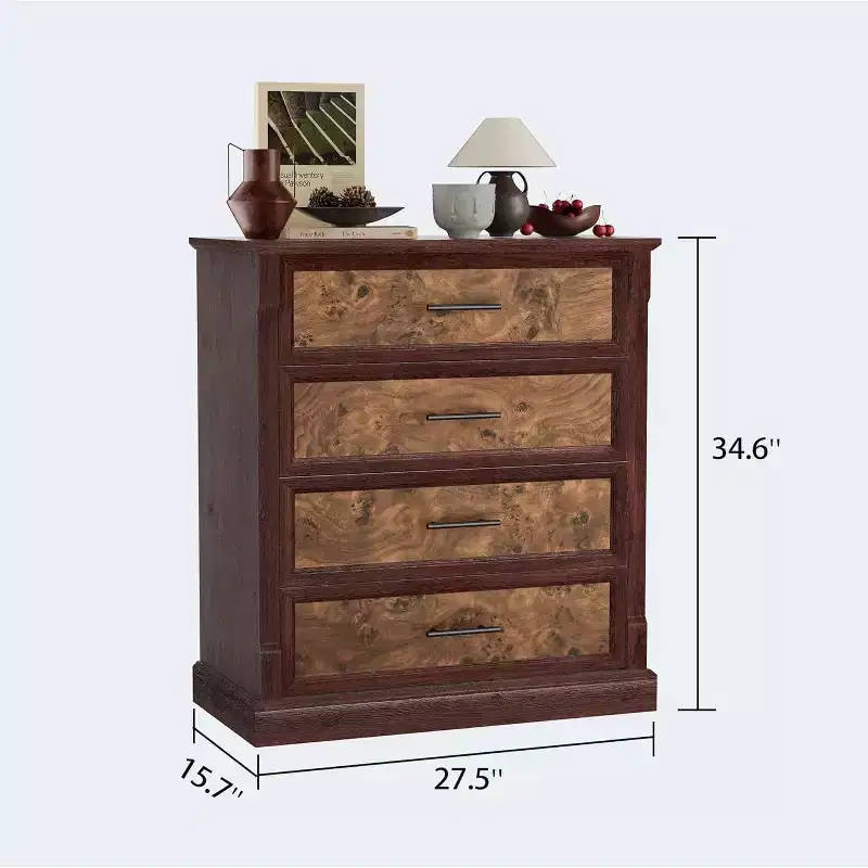 4 Drawer Dresser for Bedroom, Tall Chest of Drawers with Metal Handles, Rustic Wooden Dresser TV Stand, for Living Room, Hallway