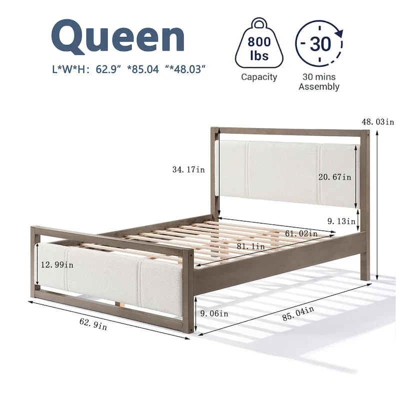 Queen Platform Bed with Ivory Boucle Fabric Headboard