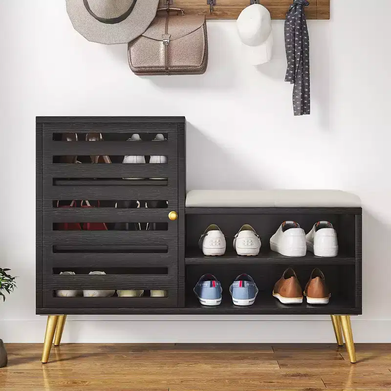 Shoe Bench with Storage and Adjustable Shelf, Entryway Bench with Removable Padded Cushion, Louvered Door, Black/White