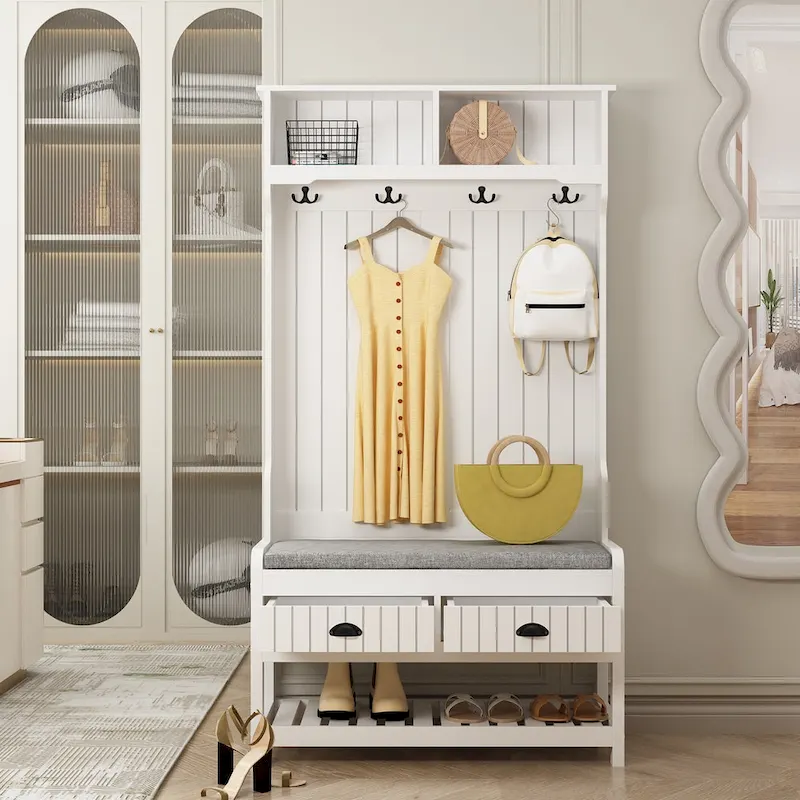 68.5H Hall Tree with Bench and Shoe Storage White/Black/Grey