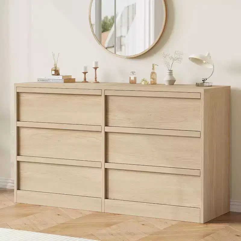 6-Drawer Storage Dresser With Waterproof Top, Natural Oak Finish, For Bedroom Or Entryway