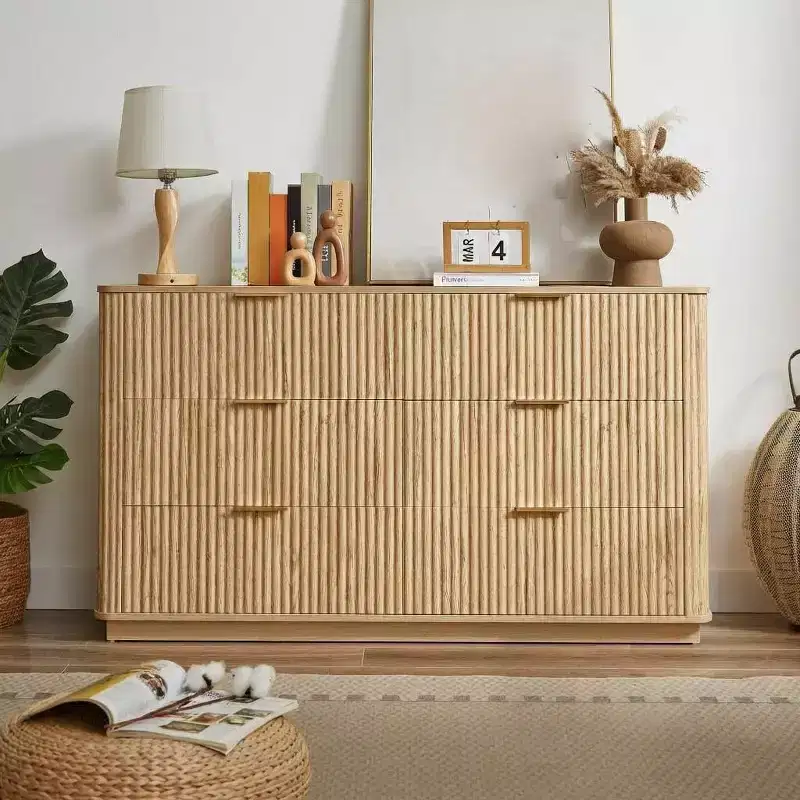 6 Drawer Dresser for Bedroom, 55 Wide Chest of Drawers with Gold Handles, Fluted Closet Drawer TV Stand