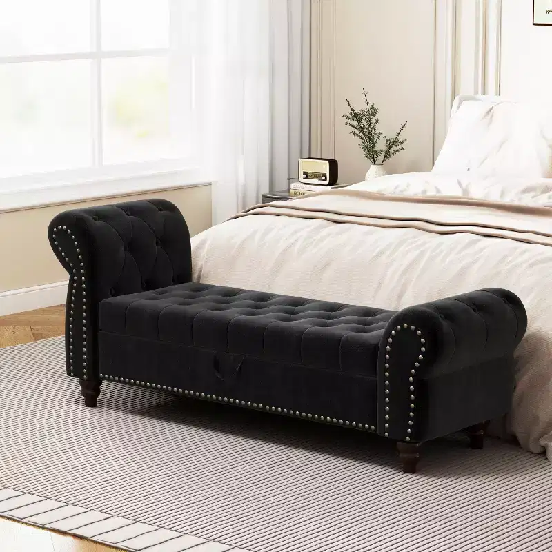 Bed Bench for Bedroom Nails Tufted Chaise Lounge with Storage Velvet Upholstery Bench, Navy Blue