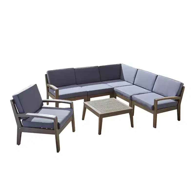 GDFStudio Parma Outdoor Acacia Wood 6 Seater Sectional Sofa and Club Chair Set with Cushions