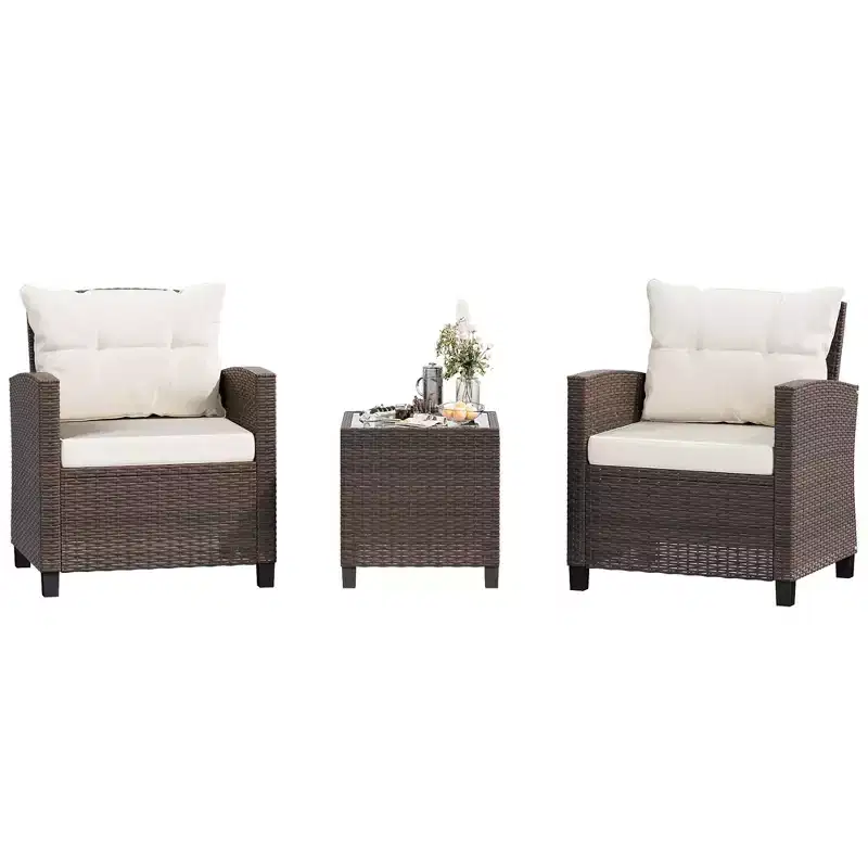 Celebalcony 3 Pieces Patio Conversation Furniture Set, PE Rattan Wicker 3 Pcs Outdoor Sofa Set w/Washable Cushion and Tempered Glass Tabletop