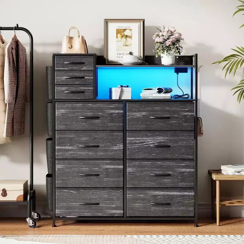 Fabric Dresser with 8+3 Drawers, LED Lights & Charging Station - Includes Wooden Top Shelves, 4 Side Pockets, Hooks & Sturdy Steel Frame
