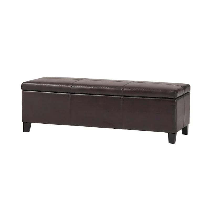 Storage Ottoman Bench, Detailed Brown Faux Leather, 51 Inch
