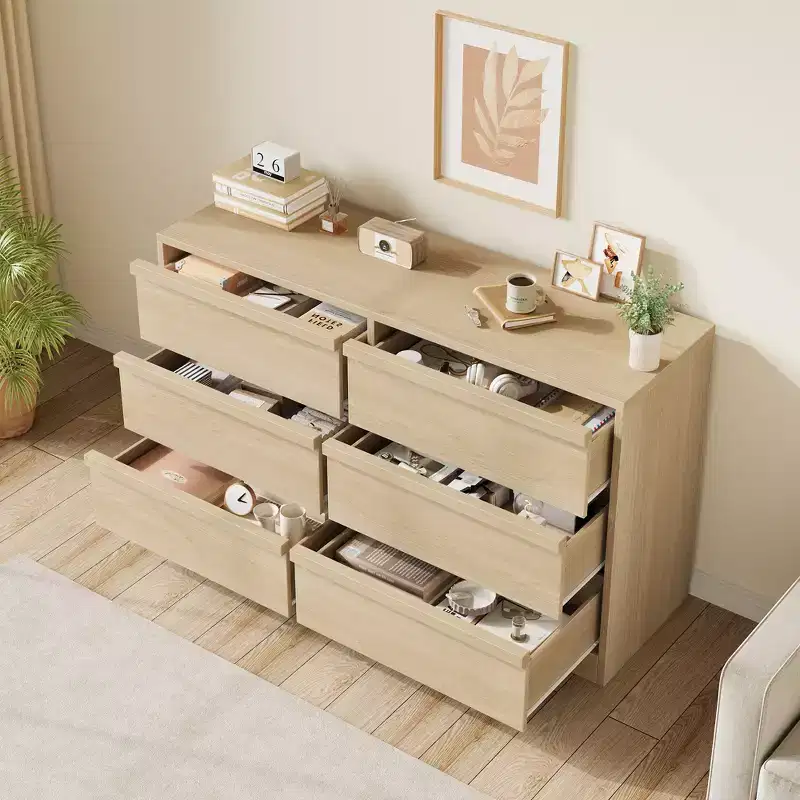 CuisinSmart 6 Drawer Dresser for Bedroom, Natural Double Dresser Organizer with Concave Handles, Modern Chest of Drawers, Natural Wood