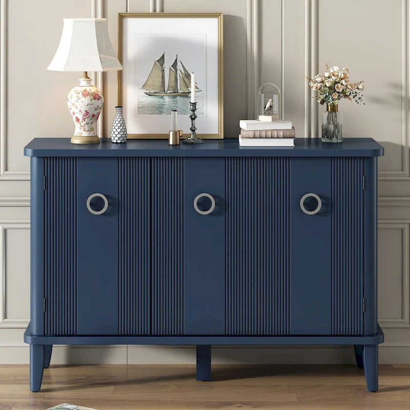 Simple and Atmospheric Solid Wood Veneer Fraxinus Mandschuric Cabinet with Three Acacia Solid Doors,Adjustable