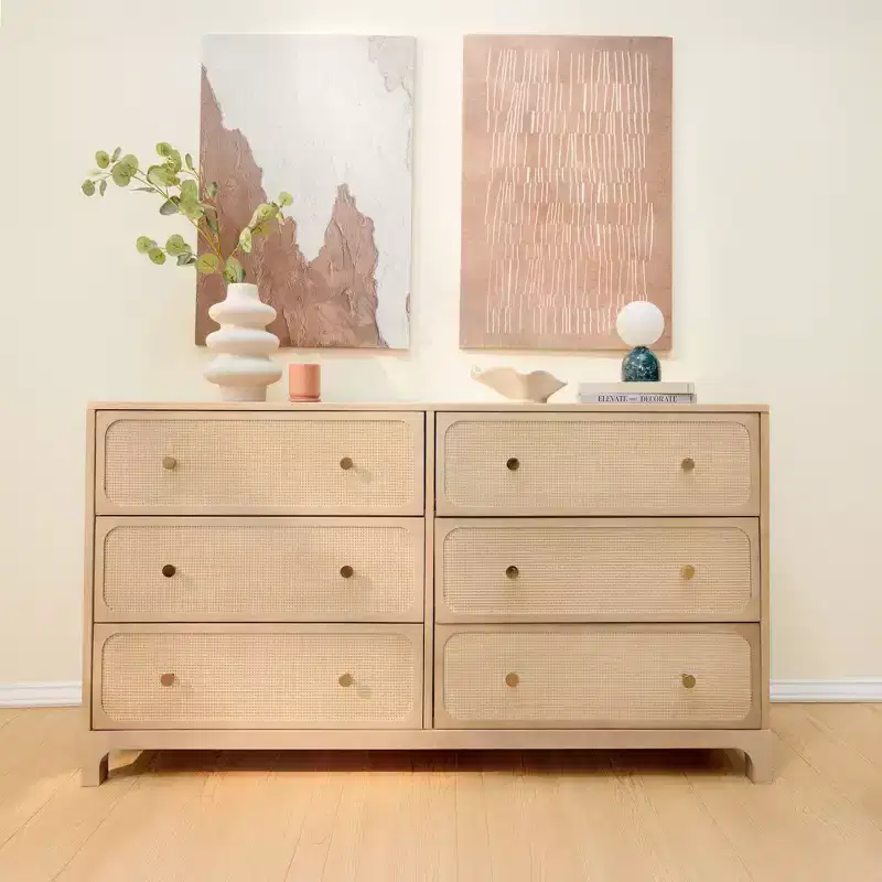 6-Drawer Dresser with Rattan Drawer Fronts and Brass Knobs – 59.5