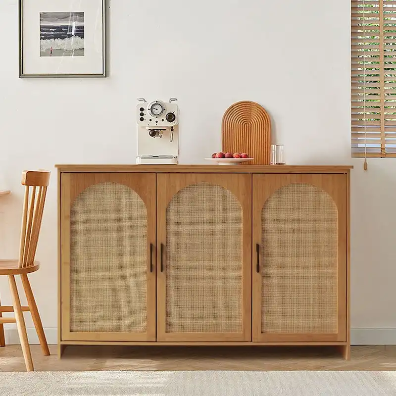 VEIKOUS 3-Door Natural Rattan Bamboo Sideboard Buffet Kitchen Storage Cabinet