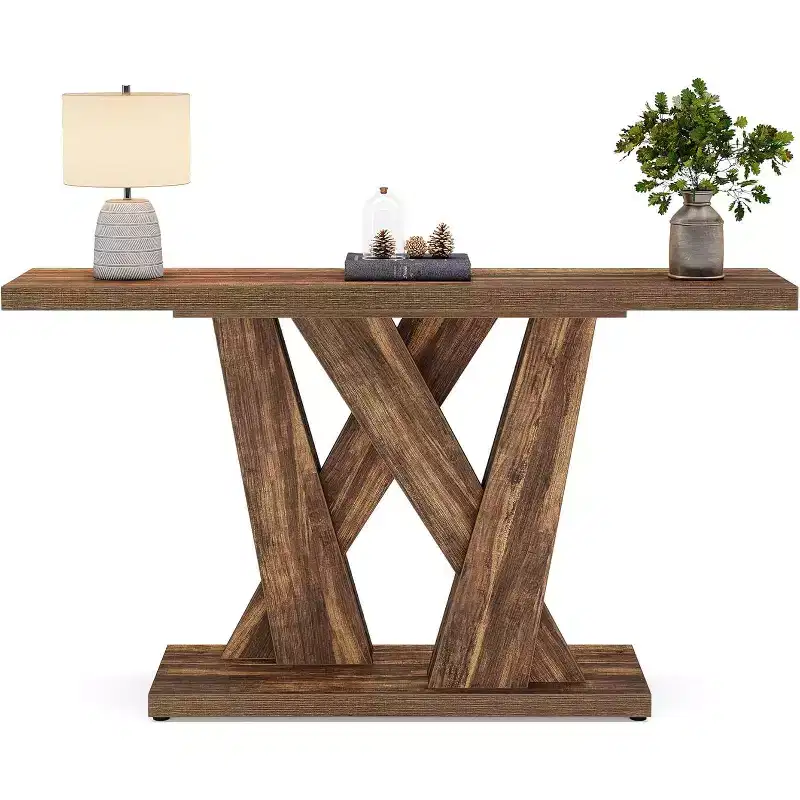 Lantine 55.12-Inch Farmhouse Console Table, Modern Behind The Couch Table with Geometric Base, Narrow Sofa Table Wood Long Entryway Table