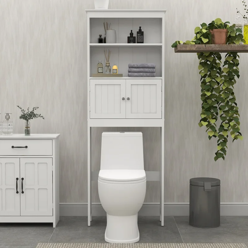 Over The Toilet Rack 2 -Tier Toilet Bathroom Spacesaver Storage Shelf with 2 Doors Wood Storage Organizer Cabinet